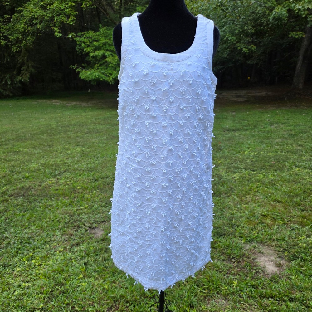 VINEYARD VINES Womens 4 White Linen Embroidered Shift Mini Dress Scallop Tassel